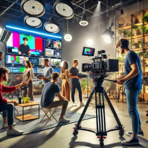 A professional video production team working on set with high-quality cameras and lighting equipment, filming a creative advertising video for social media. The scene includes a director guiding the team, crew members handling equipment, and actors performing in a modern studio setup.